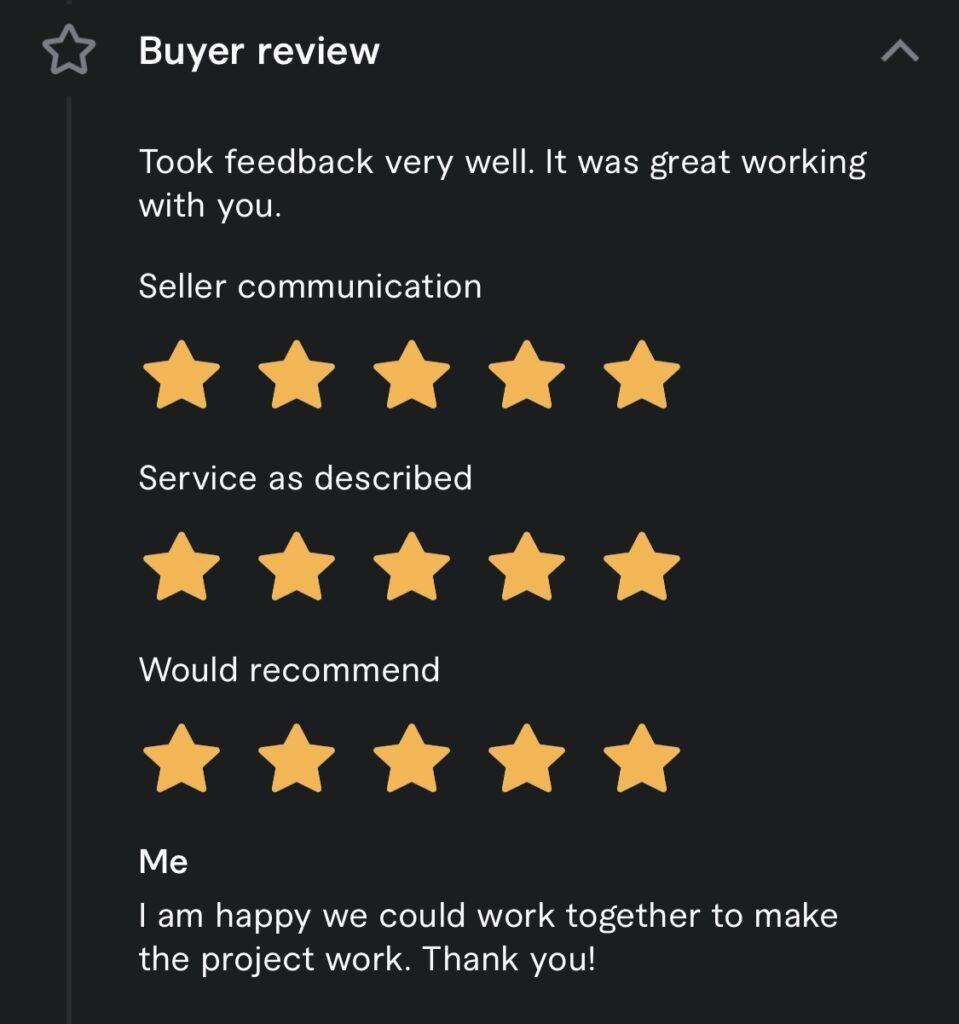 5-Star review from Fiverr client 